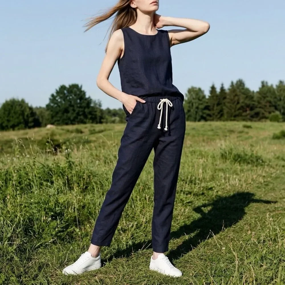 Zara Pull On Slouchy Nautical‎ Linen Blend Pants S